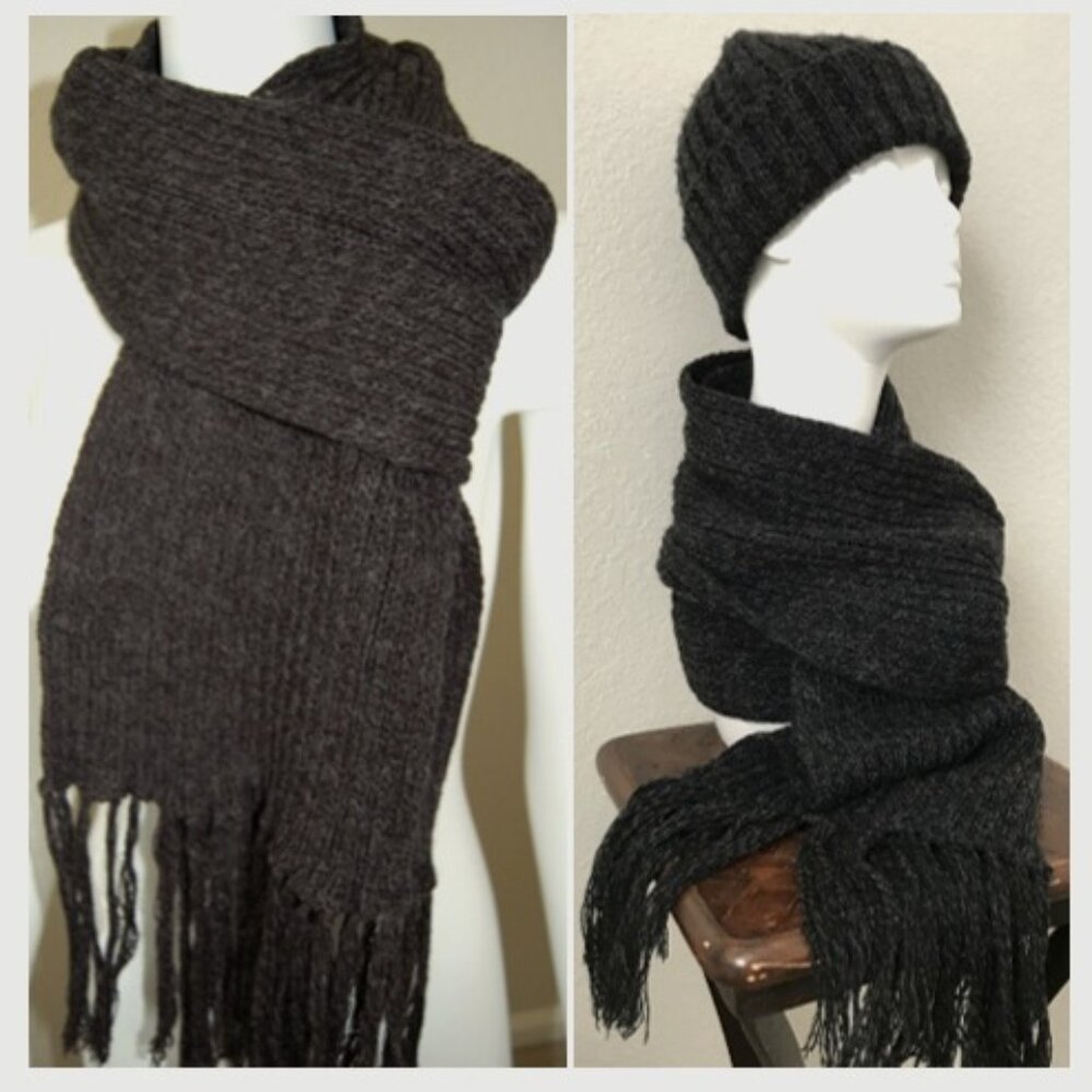 Rib Knit Scarf & Hat Set, Dark Charcoal Gray